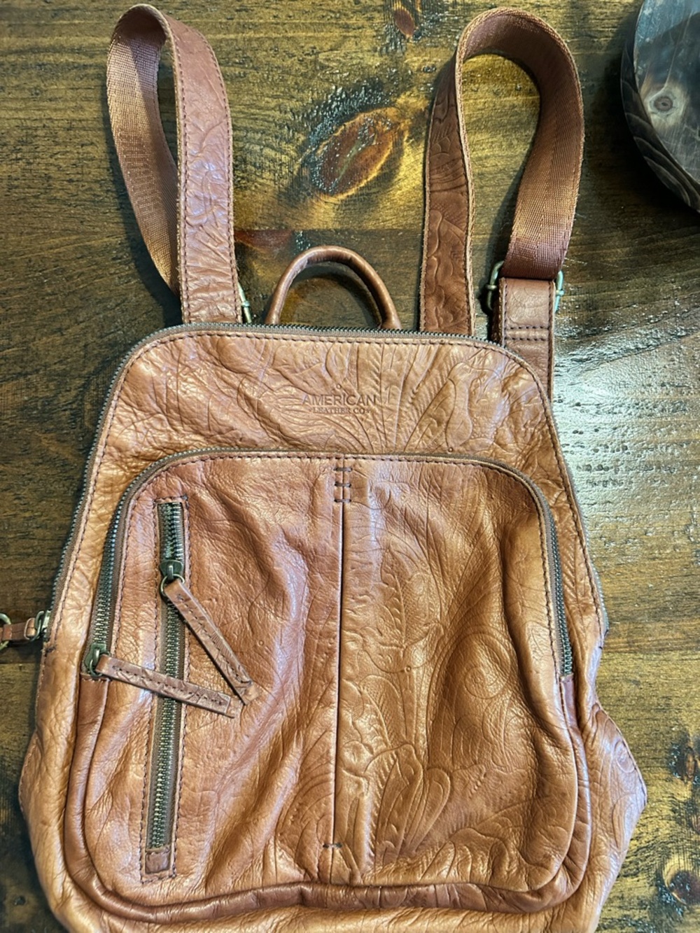American Leather Co. Cleveland Floral Tooled Leather Bag Backpack Caramel Brown